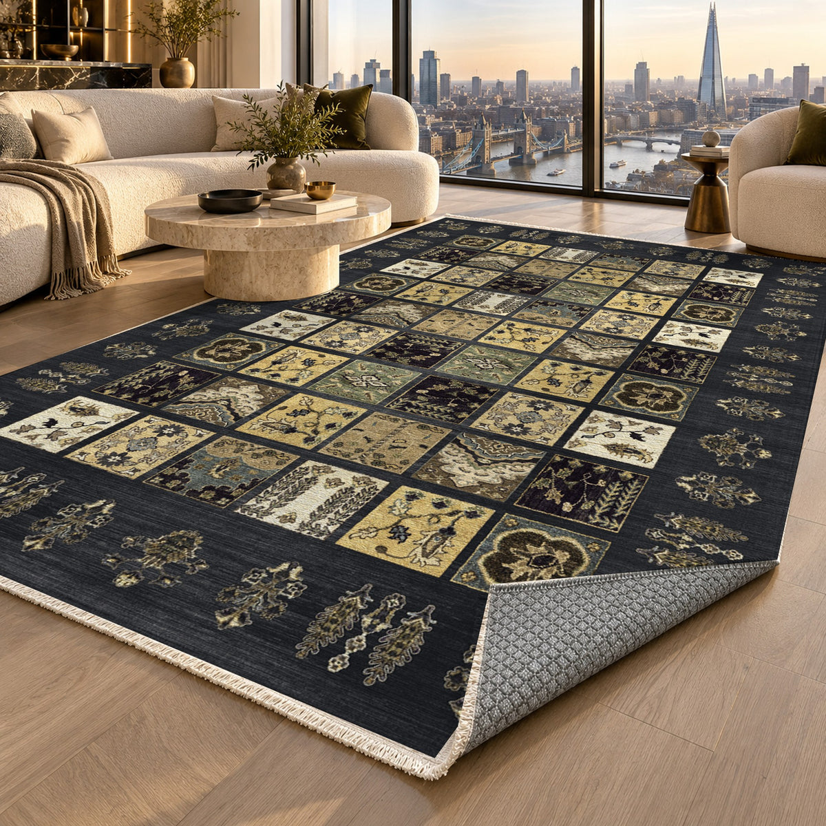 Patchwork Black Ethnic Washable Rug — london luxury living