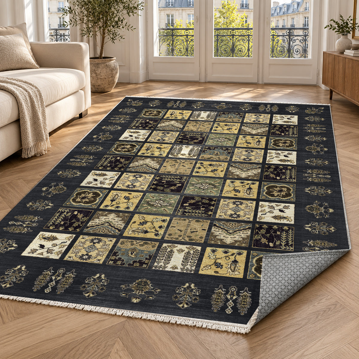 Patchwork Black Ethnic Washable Rug — paris living