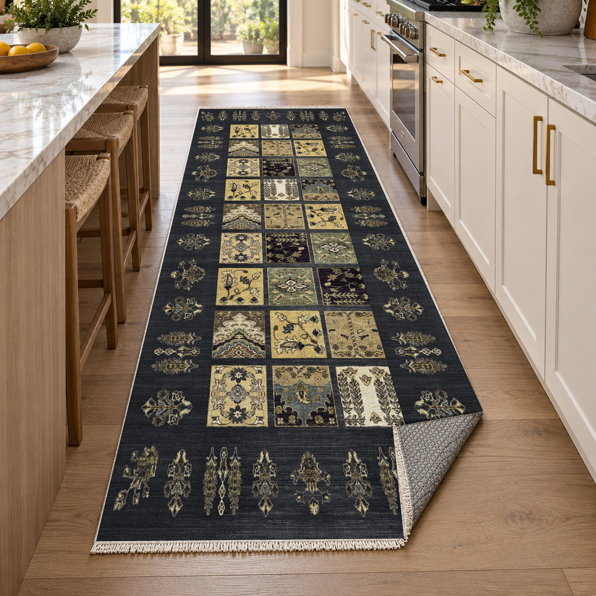 Patchwork Black Ethnic Washable Rug — new york kitchen runner