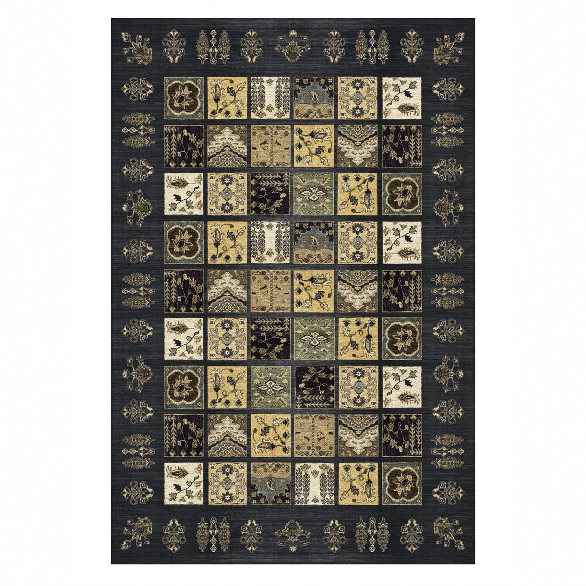 Patchwork Black Ethnic Washable Rug — top view