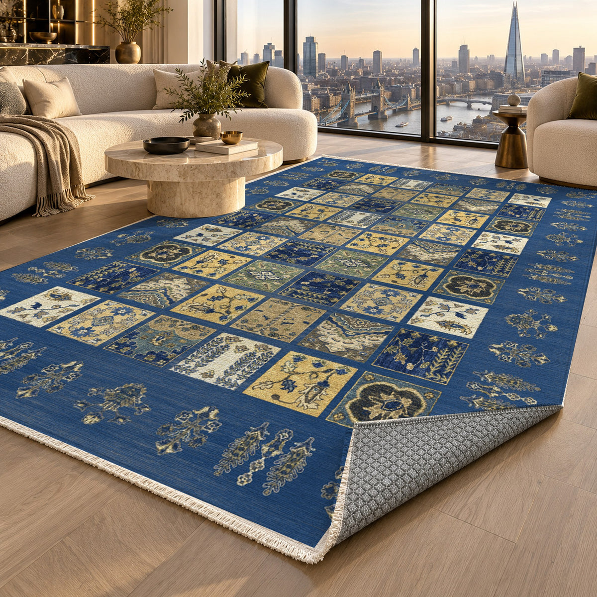 Patchwork Blue Ethnic Washable Rug — london luxury living