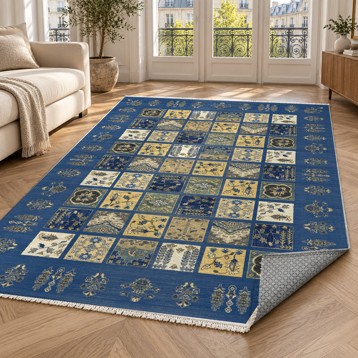 Patchwork Blue Ethnic Washable Rug — paris living