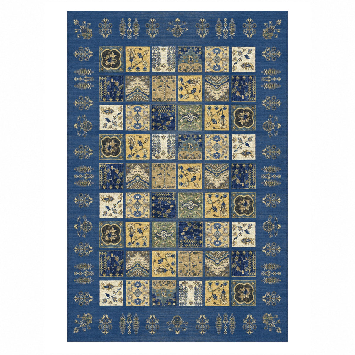 Patchwork Blue Ethnic Washable Rug — top view