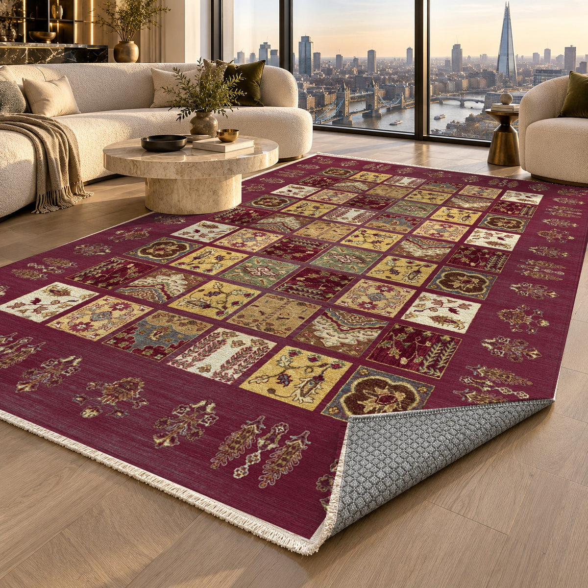 Patchwork Burgundy Red Ethnic Washable Rug — london luxury living