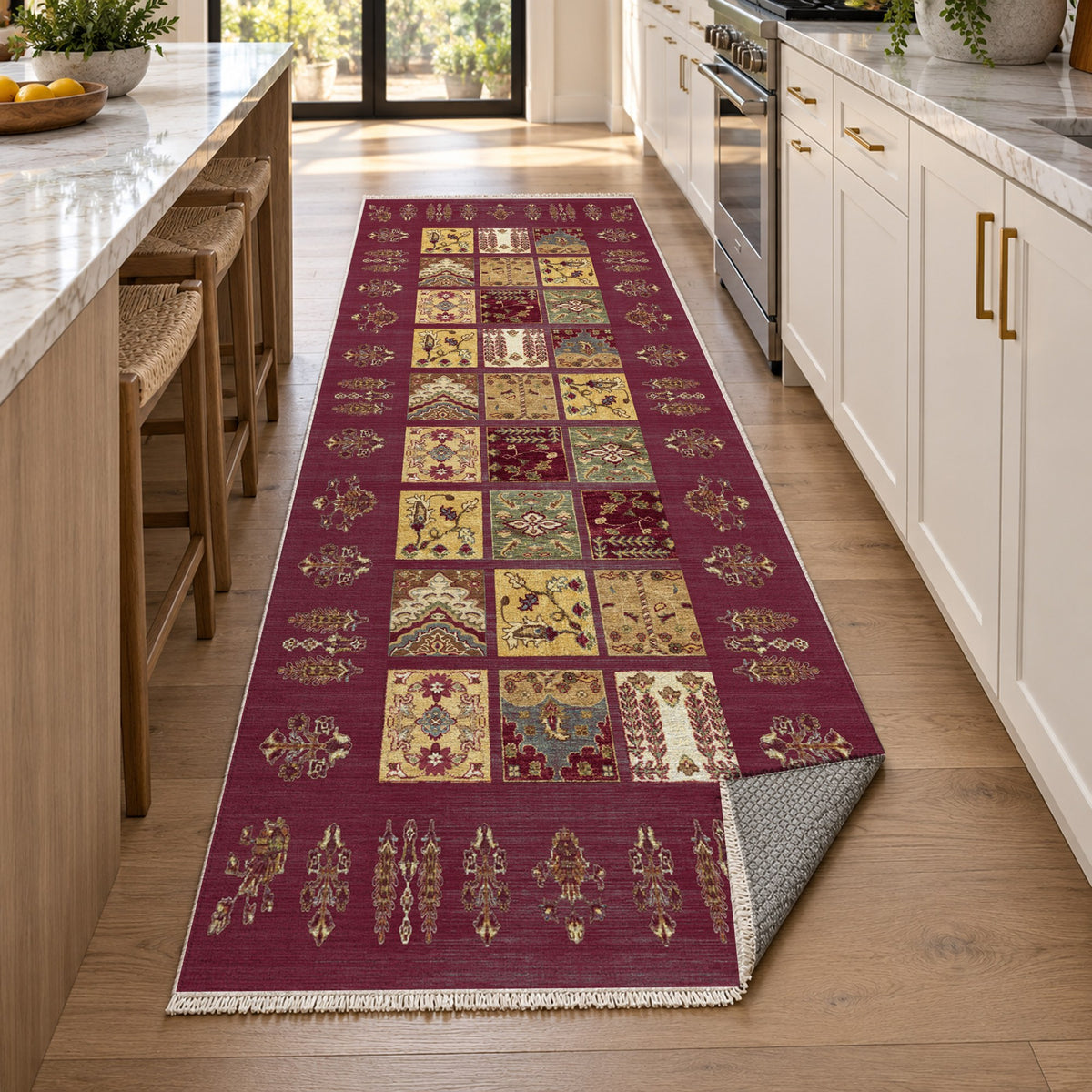Patchwork Burgundy Red Ethnic Washable Rug — new york kitchen runner