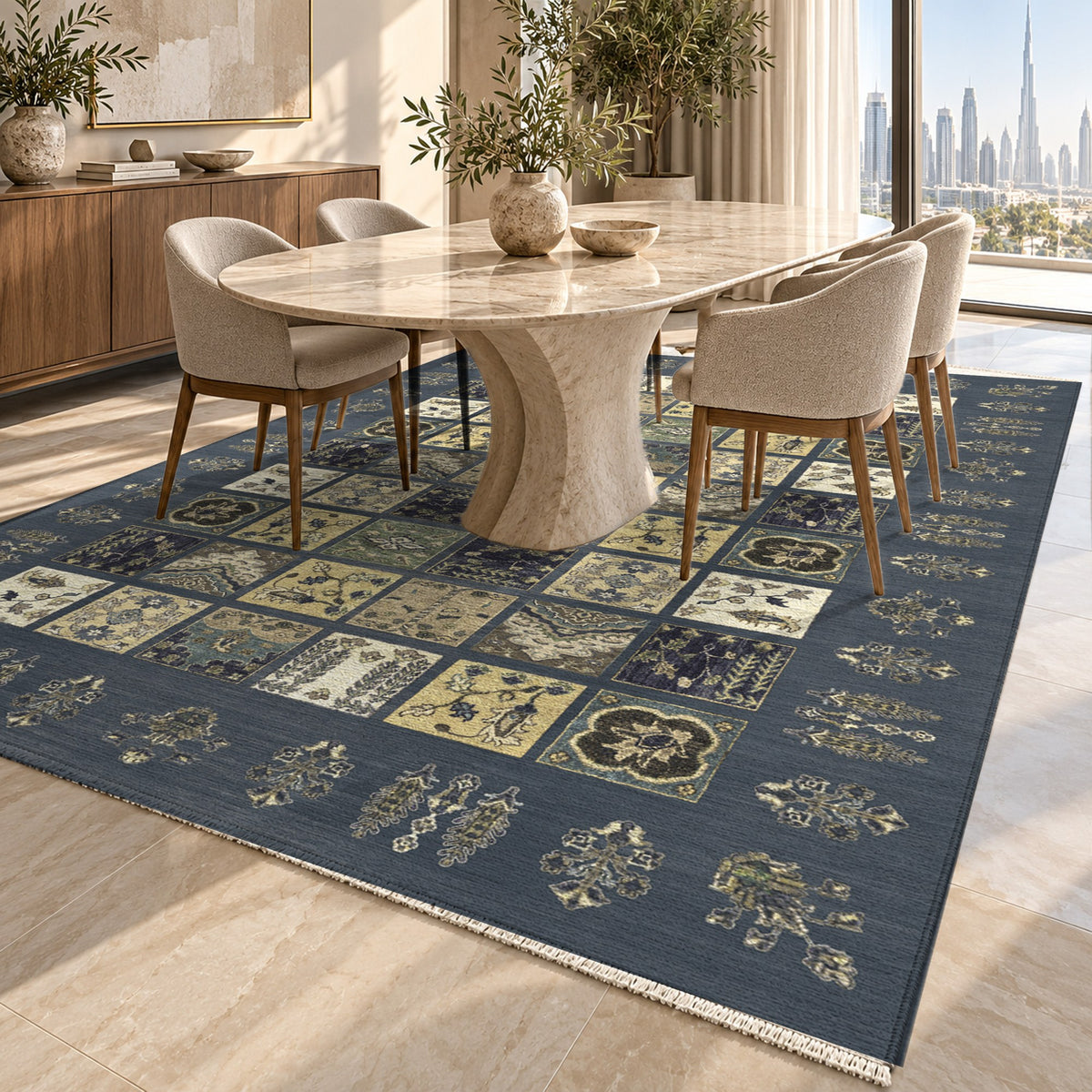 Patchwork Charcoal Ethnic Washable Rug — dubai dining