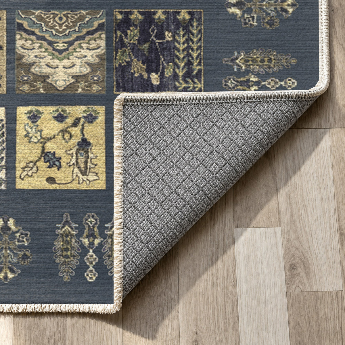 Patchwork Charcoal Ethnic Washable Rug — backing close up