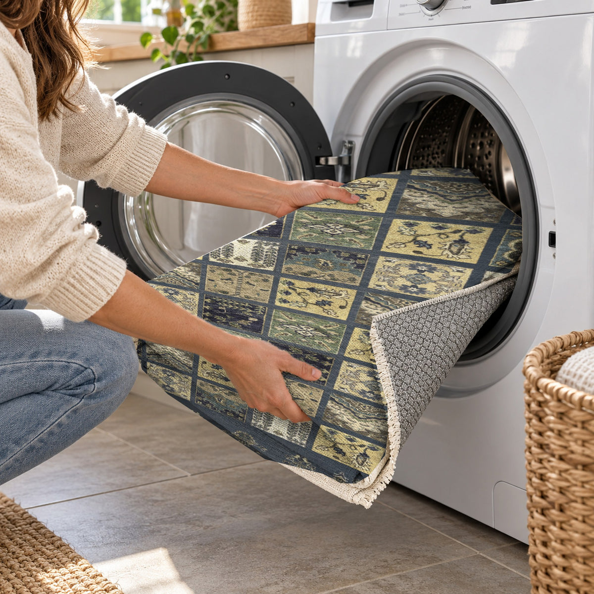 Patchwork Charcoal Ethnic Washable Rug — washing machine