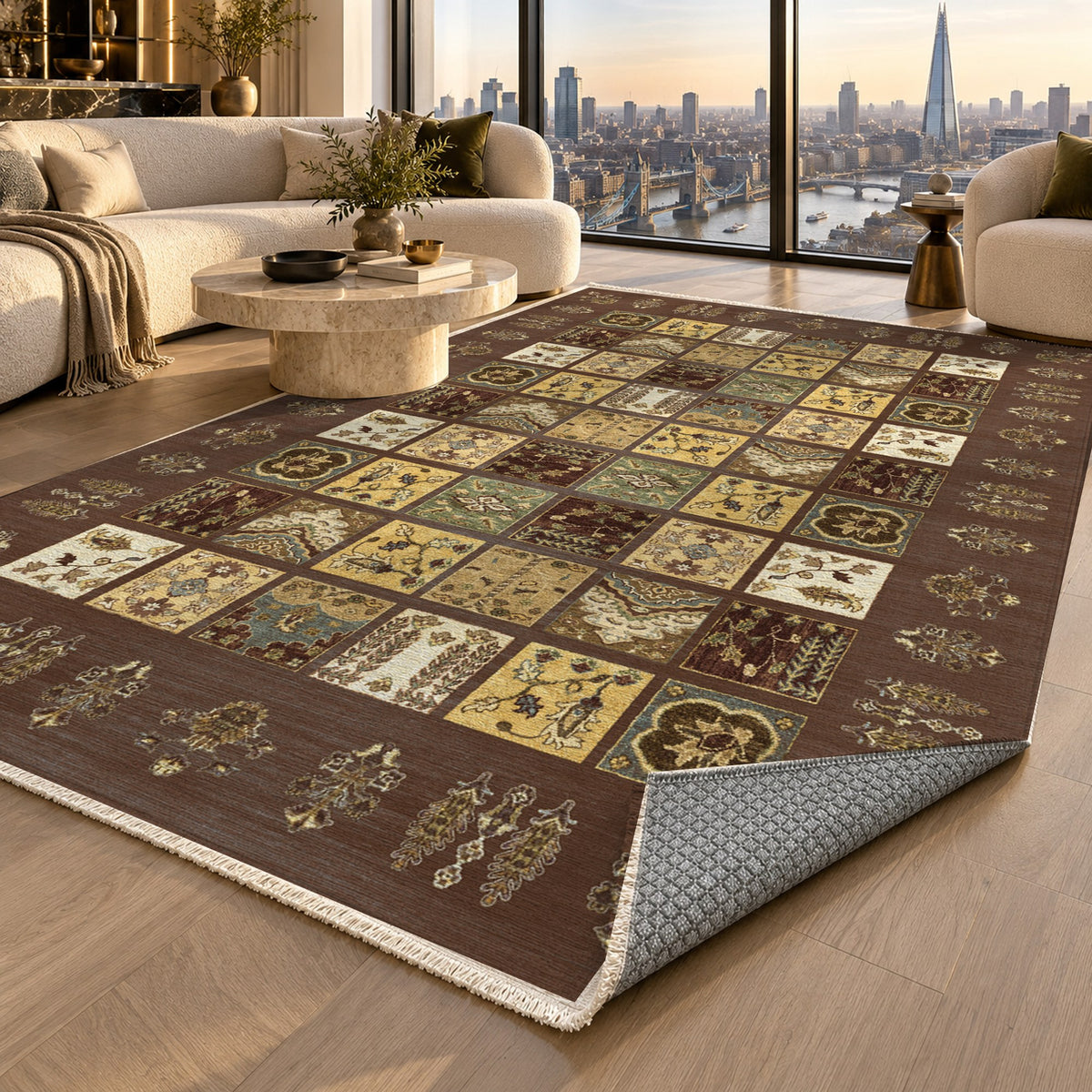 Patchwork Chocolate Ethnic Washable Rug — london luxury living