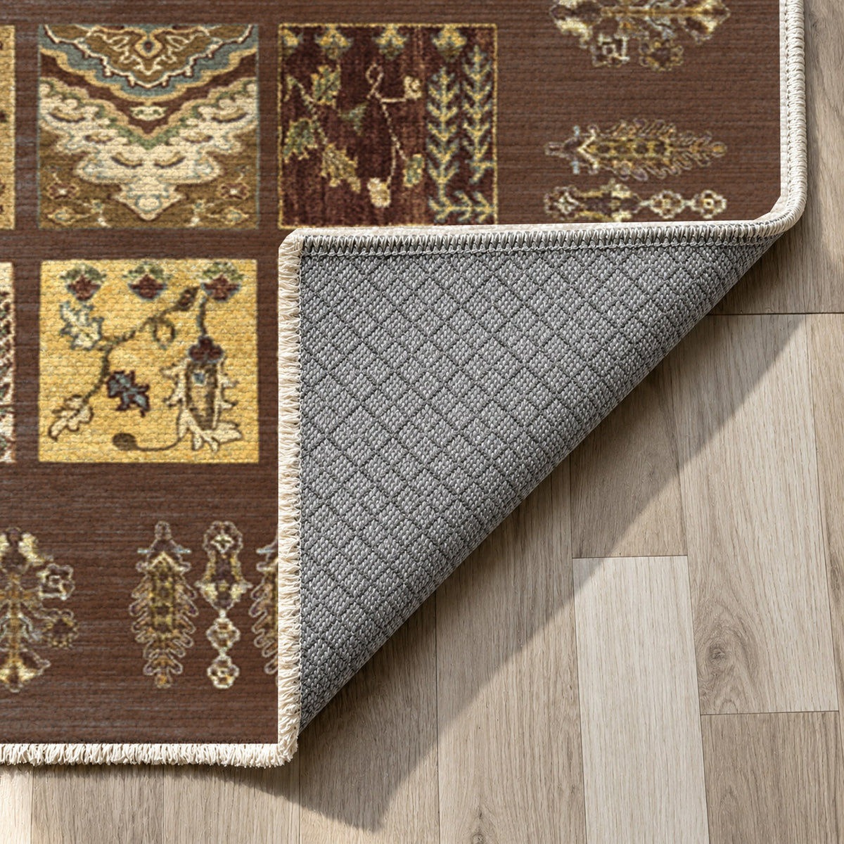 Patchwork Chocolate Ethnic Washable Rug — backing close up