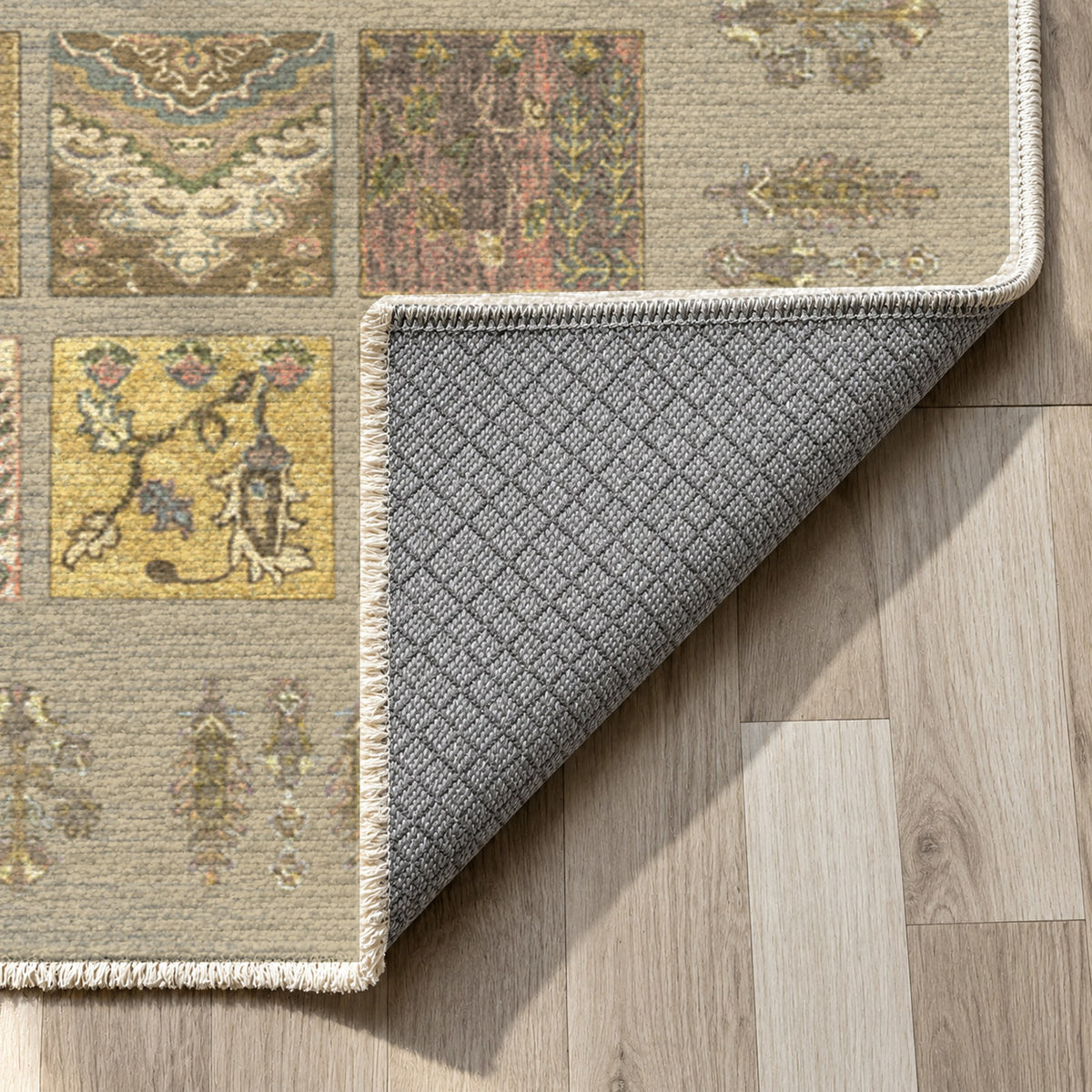 Patchwork Cream Ethnic Washable Rug — backing close up