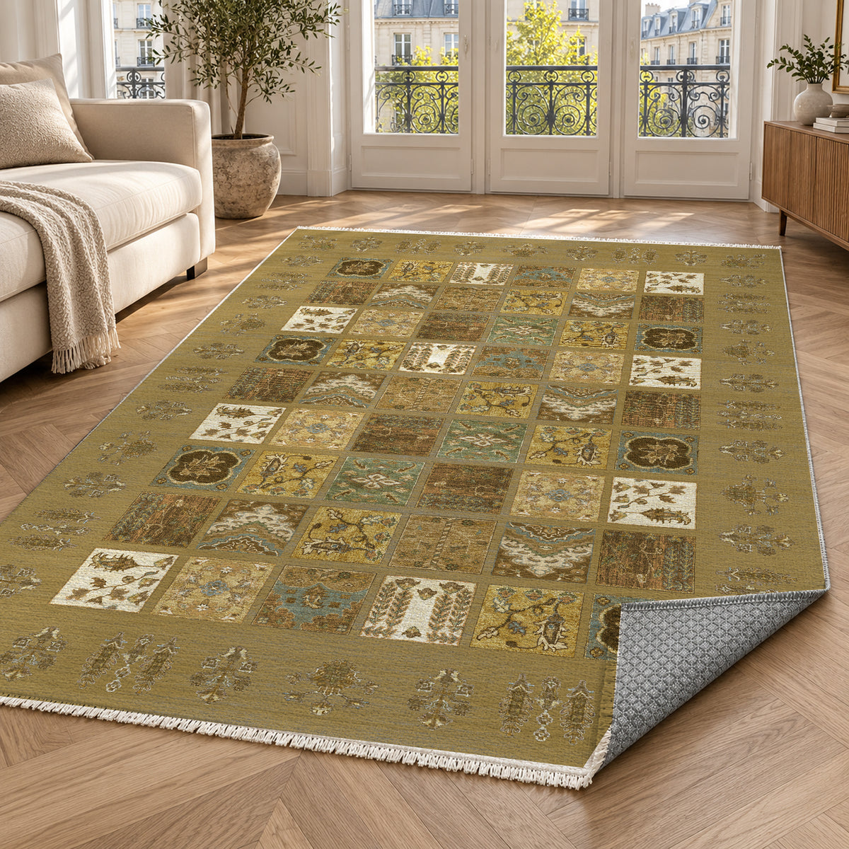 Patchwork Muted Gold Ethnic Washable Rug — paris living