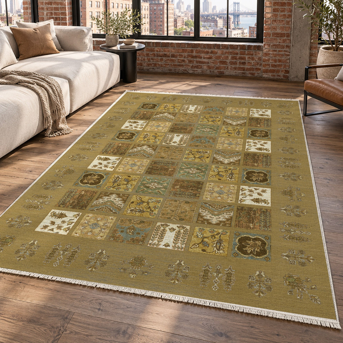 Patchwork Muted Gold Ethnic Washable Rug — new york living