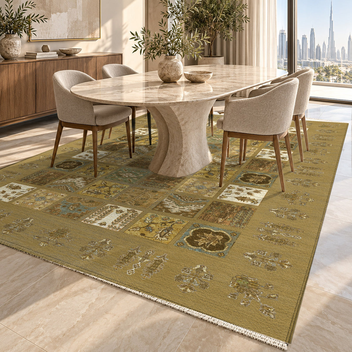 Patchwork Muted Gold Ethnic Washable Rug — dubai dining