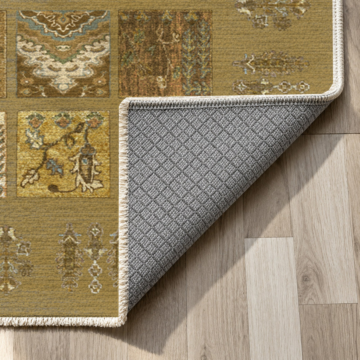 Patchwork Muted Gold Ethnic Washable Rug — backing close up