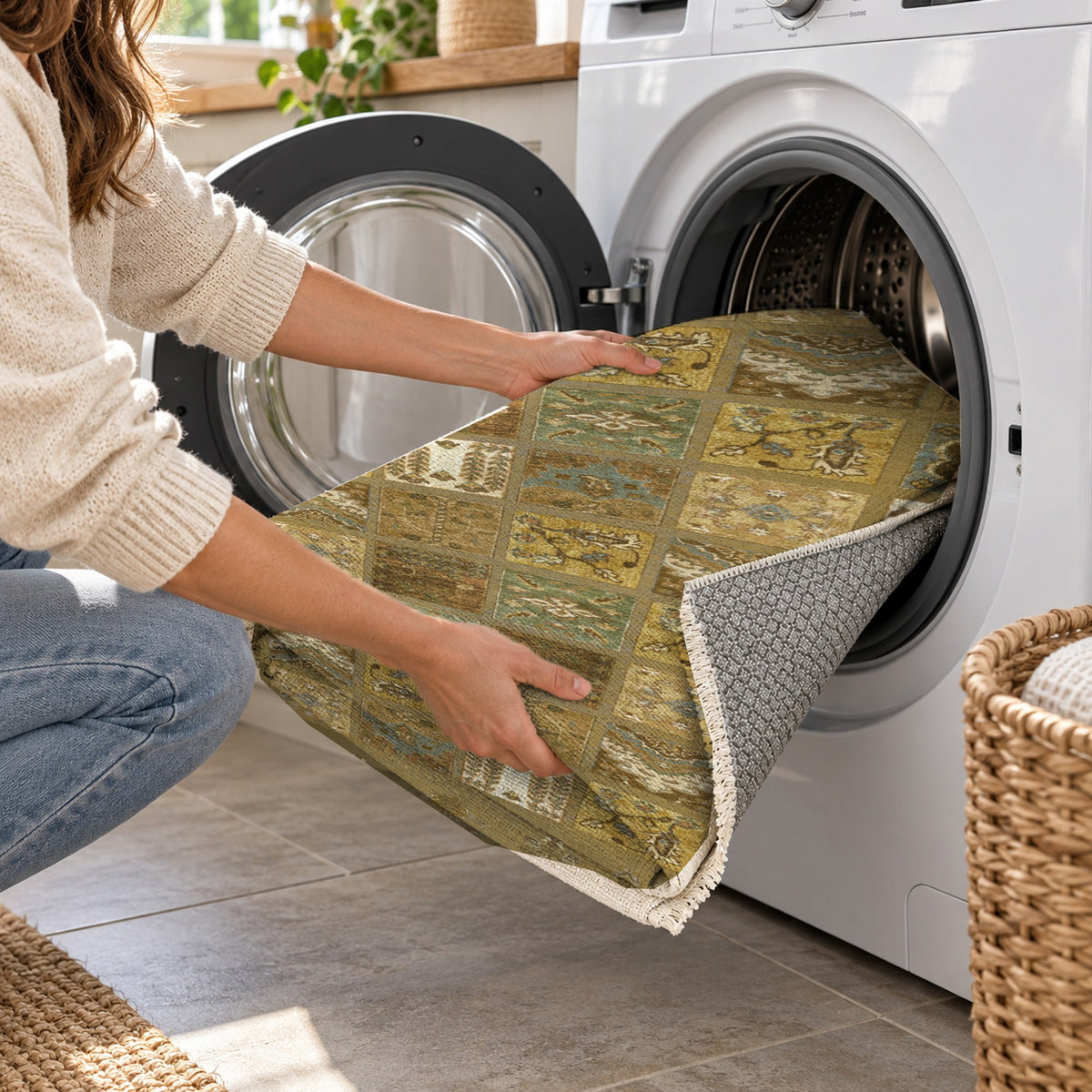 Patchwork Muted Gold Ethnic Washable Rug — washing machine