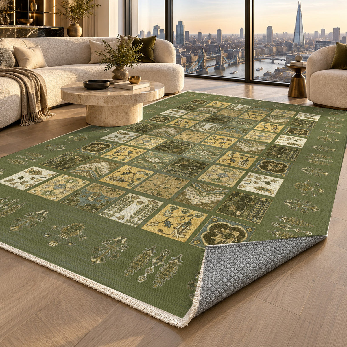 Patchwork Olive Ethnic Washable Rug — london luxury living