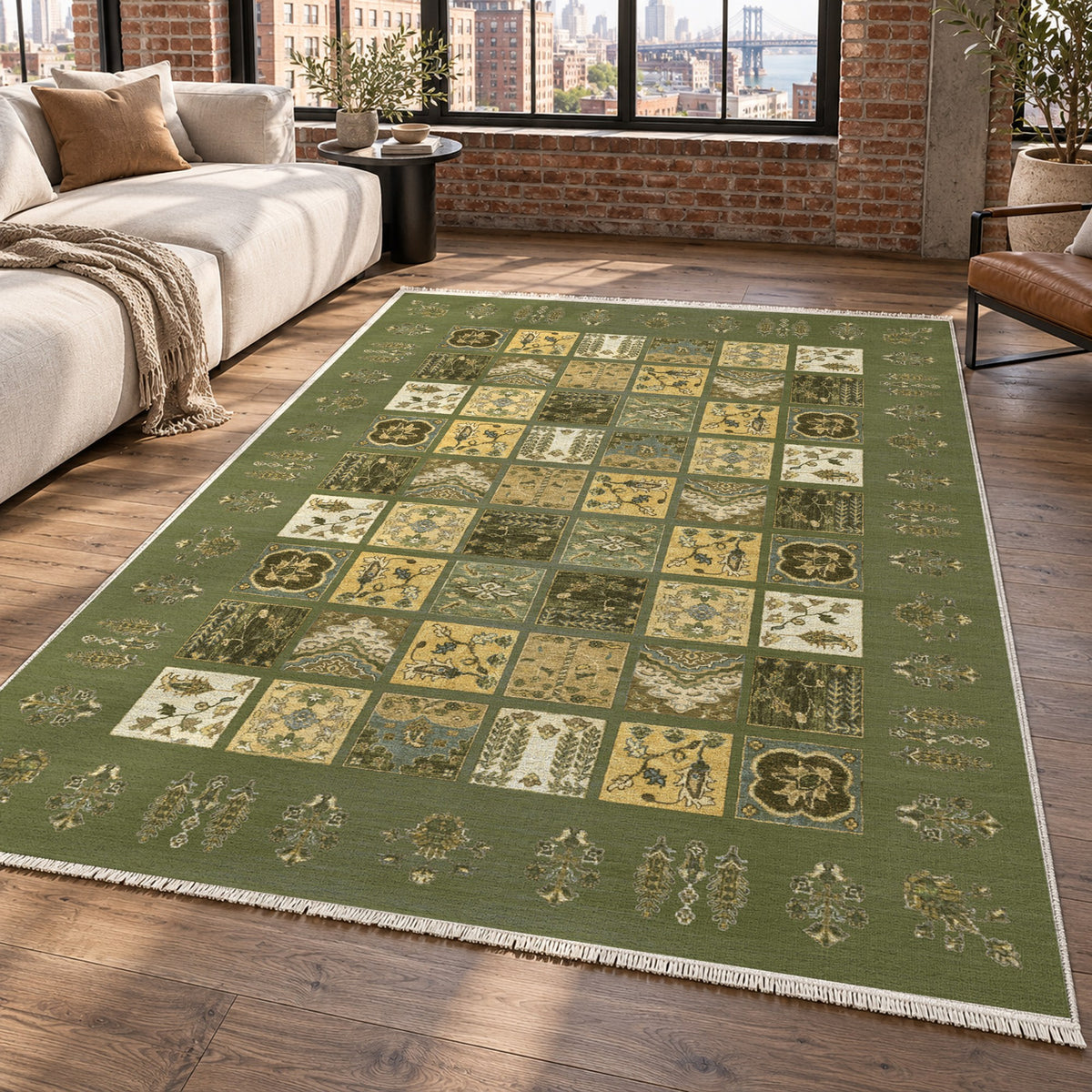 Patchwork Olive Ethnic Washable Rug — new york living