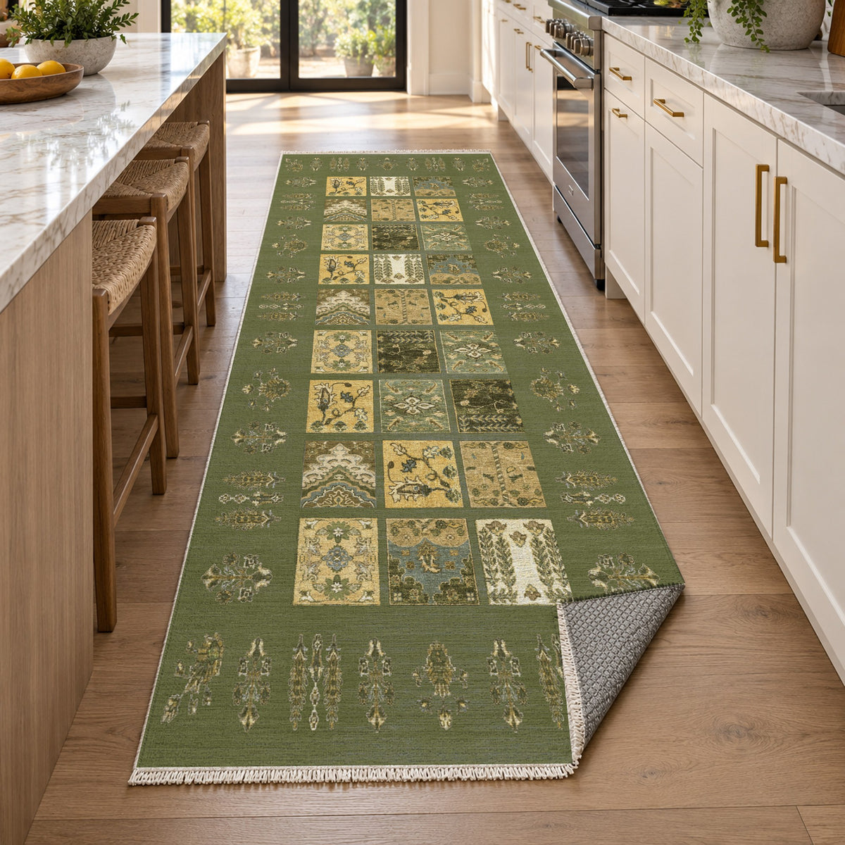 Patchwork Olive Ethnic Washable Rug — new york kitchen runner