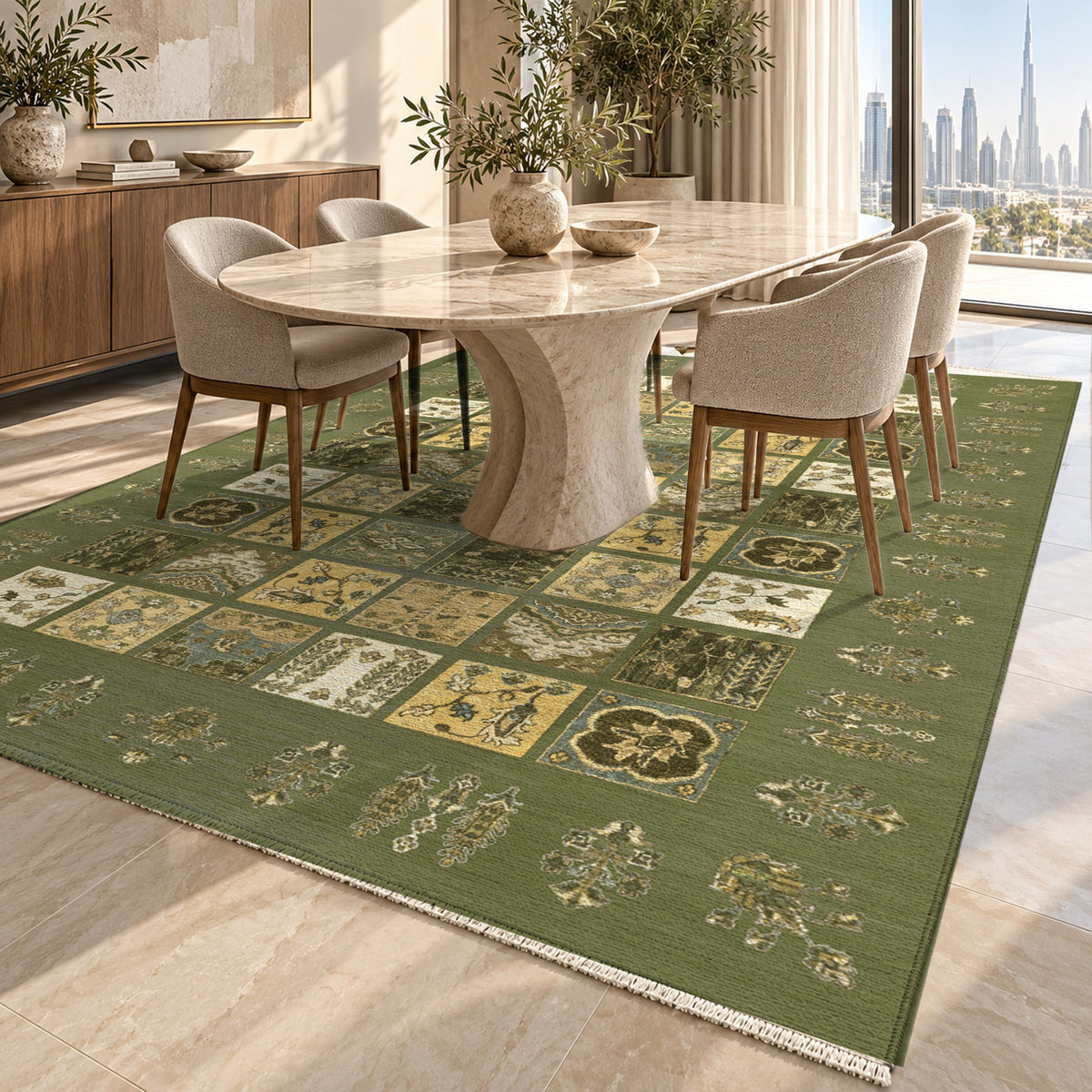 Patchwork Olive Ethnic Washable Rug — dubai dining