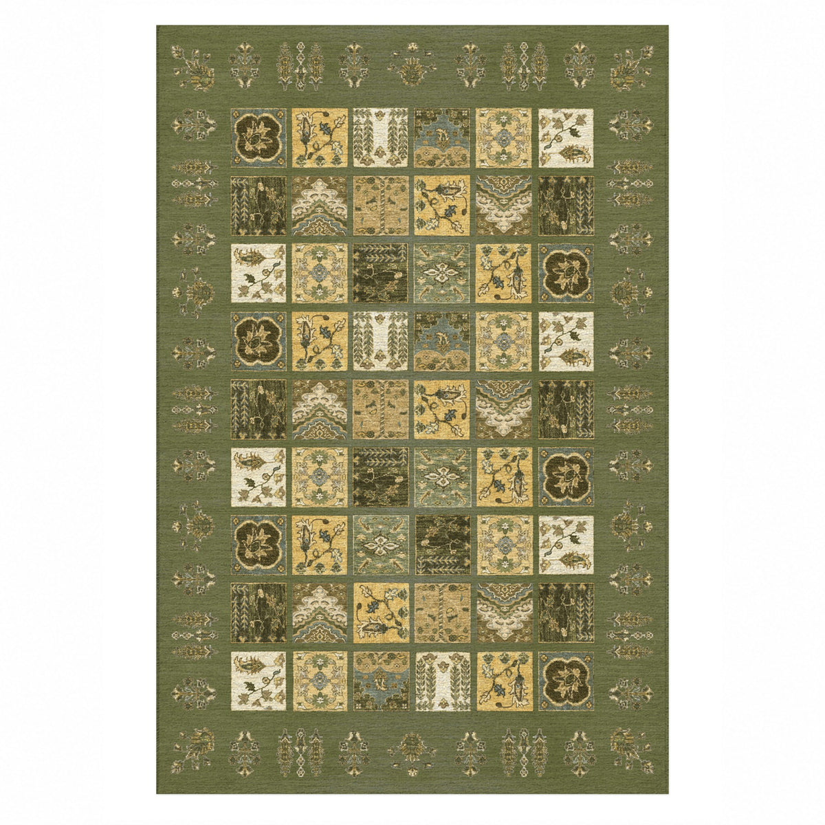 Patchwork Olive Ethnic Washable Rug — top view