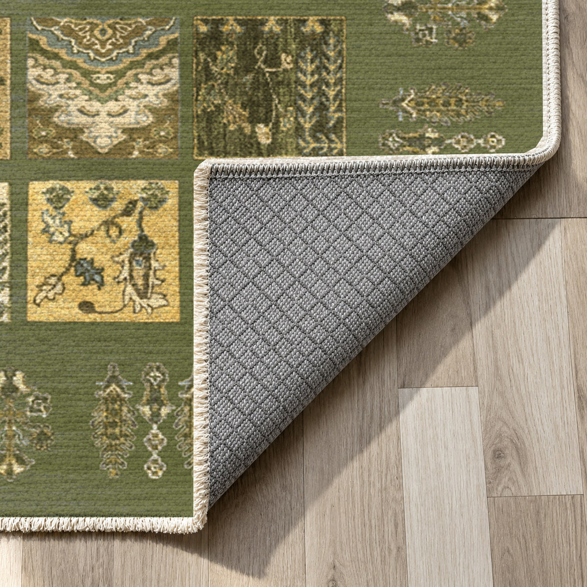 Patchwork Olive Ethnic Washable Rug — backing close up