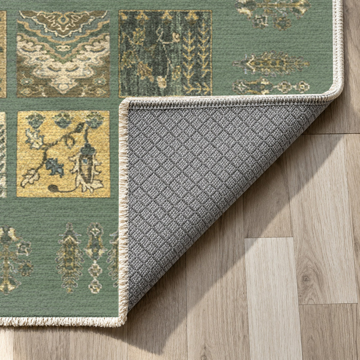 Patchwork Sage Ethnic Washable Rug — backing close up