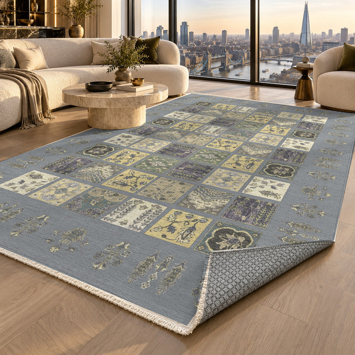 Patchwork Silver Grey Ethnic Washable Rug — london luxury living