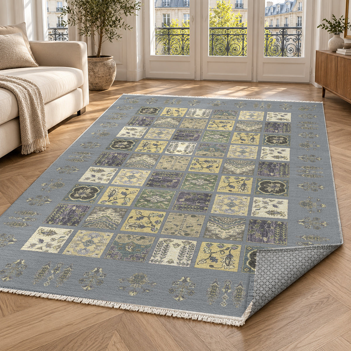 Patchwork Silver Grey Ethnic Washable Rug — paris living