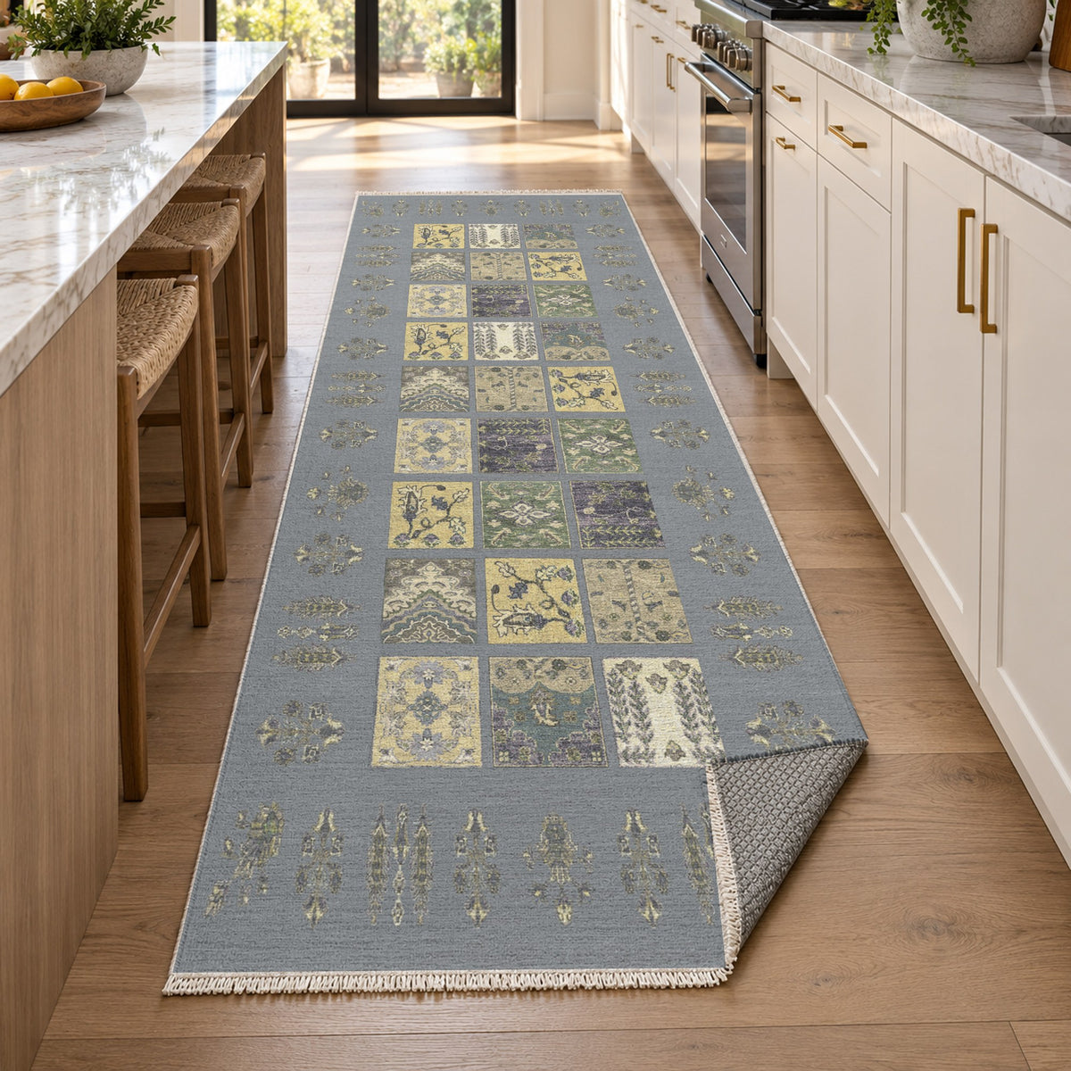 Patchwork Silver Grey Ethnic Washable Rug — new york kitchen runner