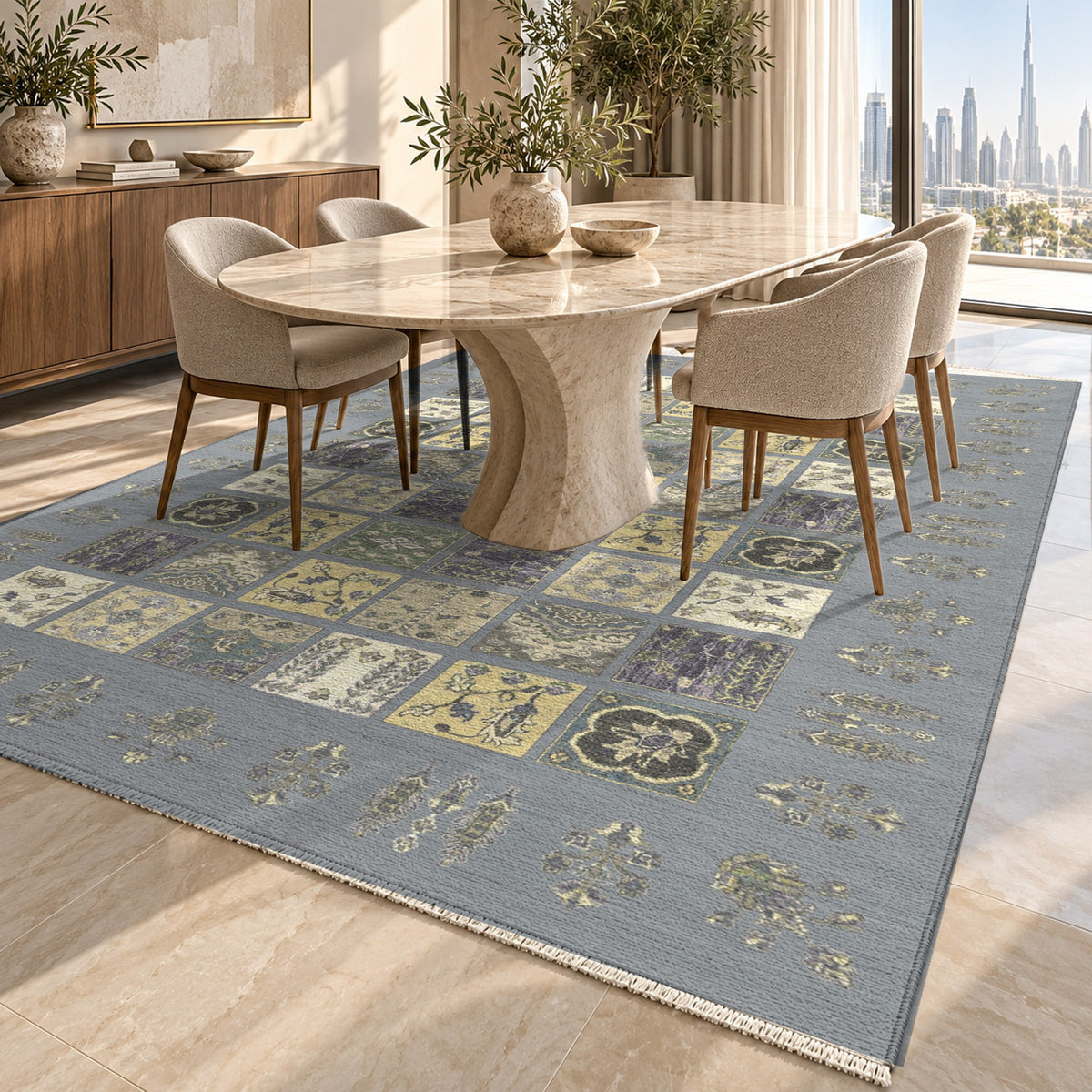Patchwork Silver Grey Ethnic Washable Rug — dubai dining