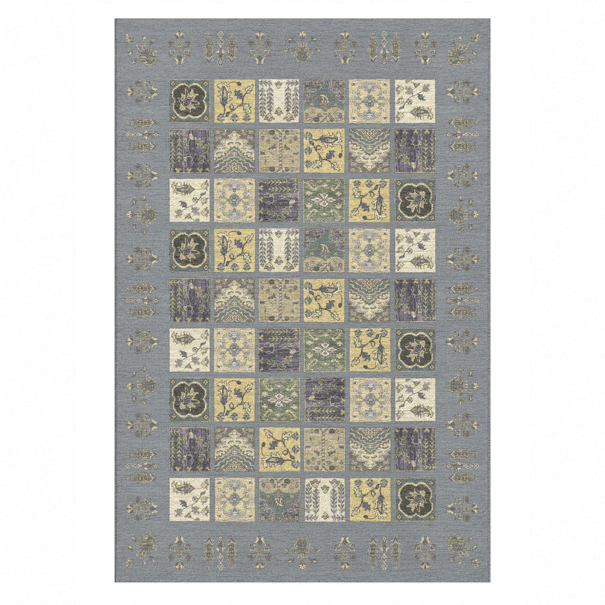 Patchwork Silver Grey Ethnic Washable Rug — top view