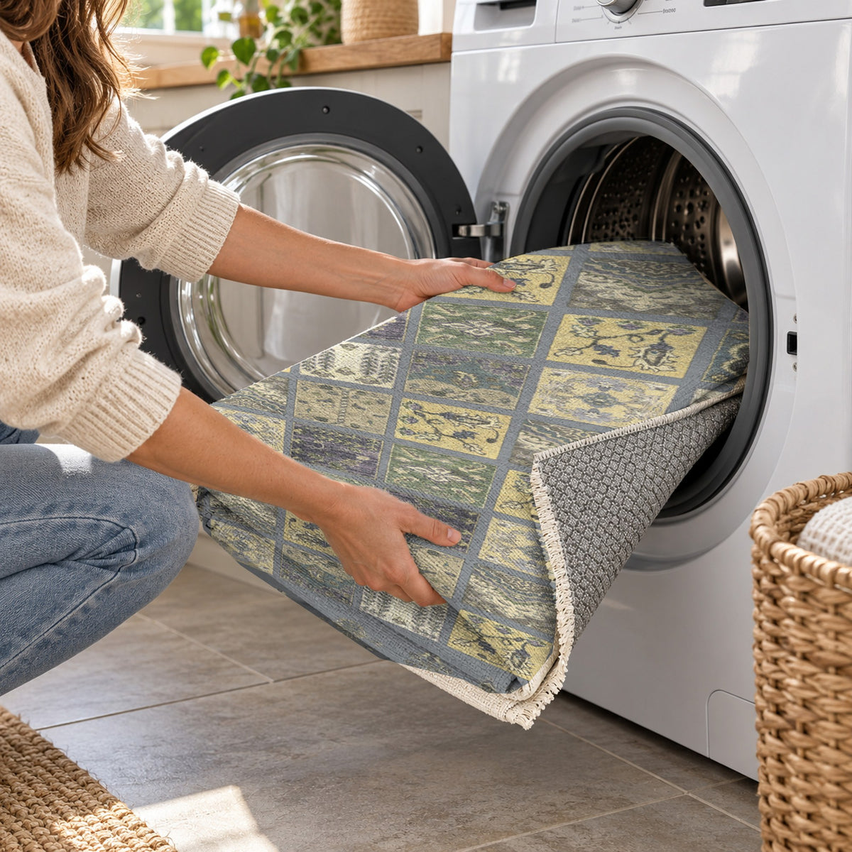 Patchwork Silver Grey Ethnic Washable Rug — washing machine
