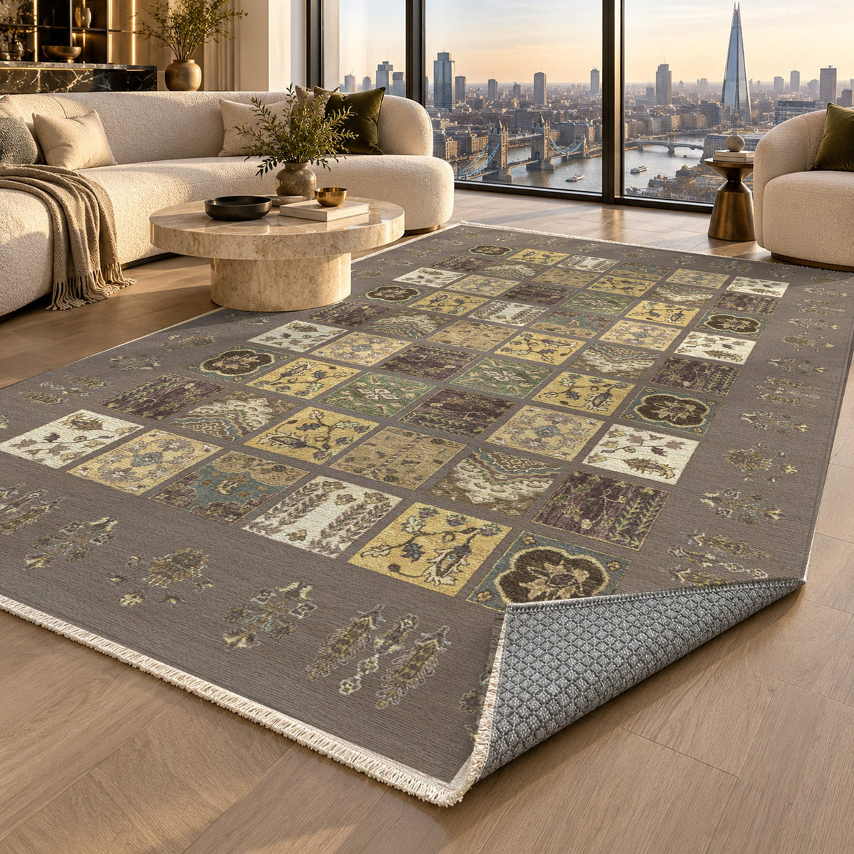 Patchwork Taupe Ethnic Washable Rug — london luxury living