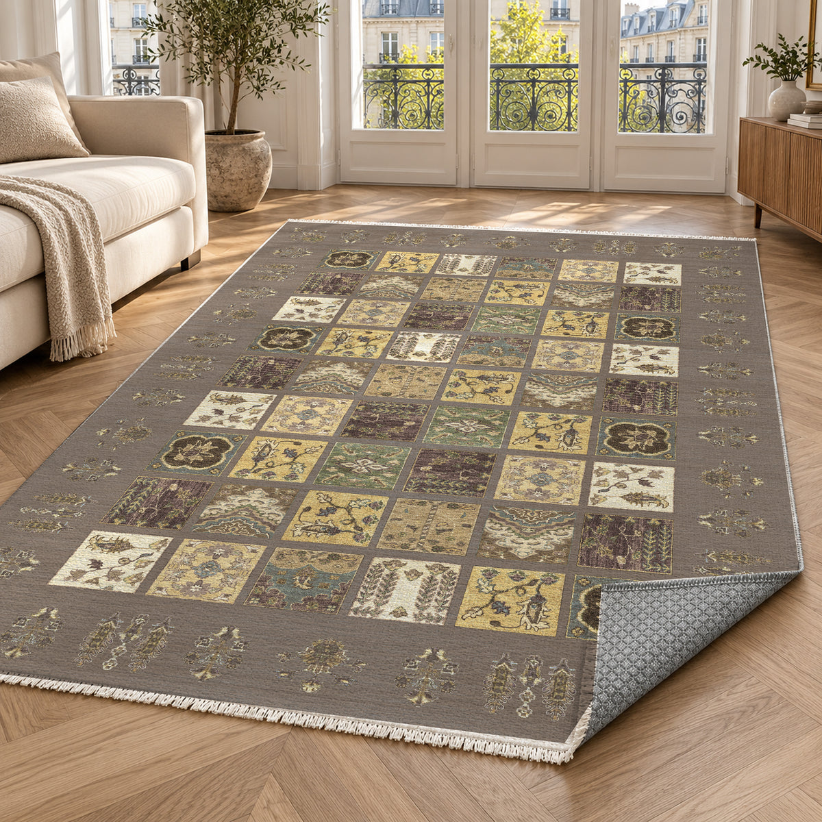Patchwork Taupe Ethnic Washable Rug — paris living