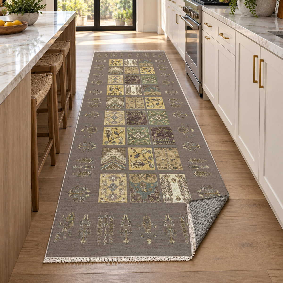 Patchwork Taupe Ethnic Washable Rug — new york kitchen runner