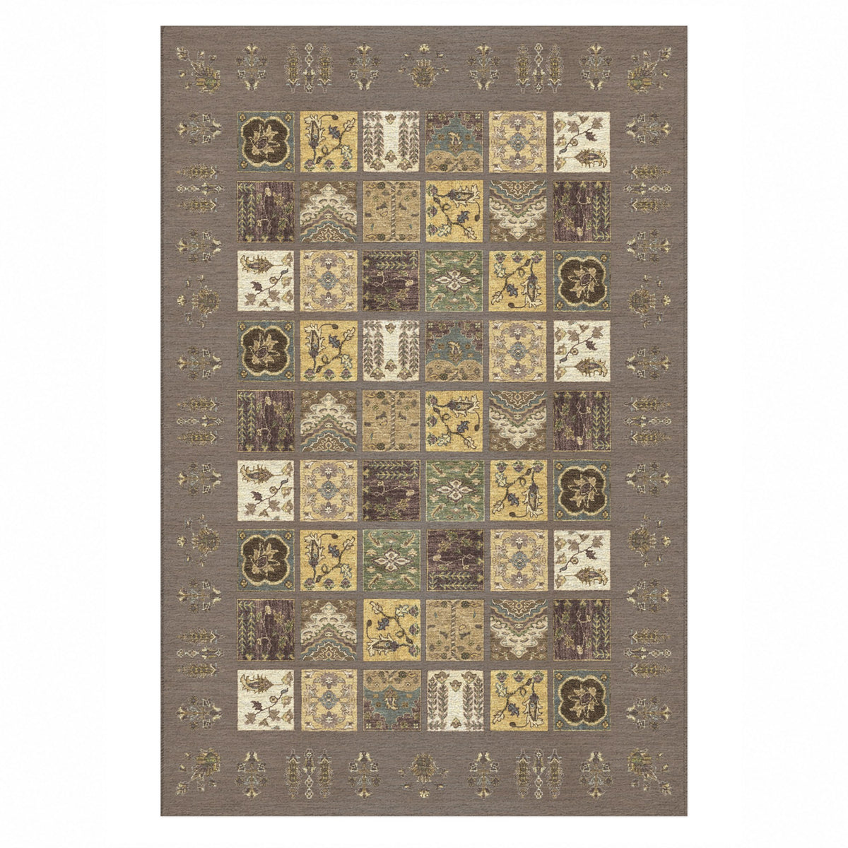 Patchwork Taupe Ethnic Washable Rug — top view