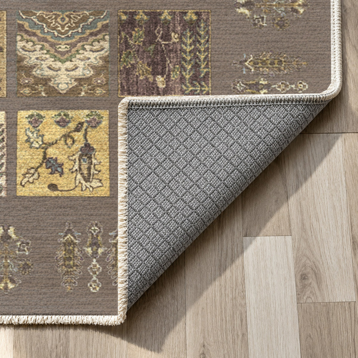Patchwork Taupe Ethnic Washable Rug — backing close up