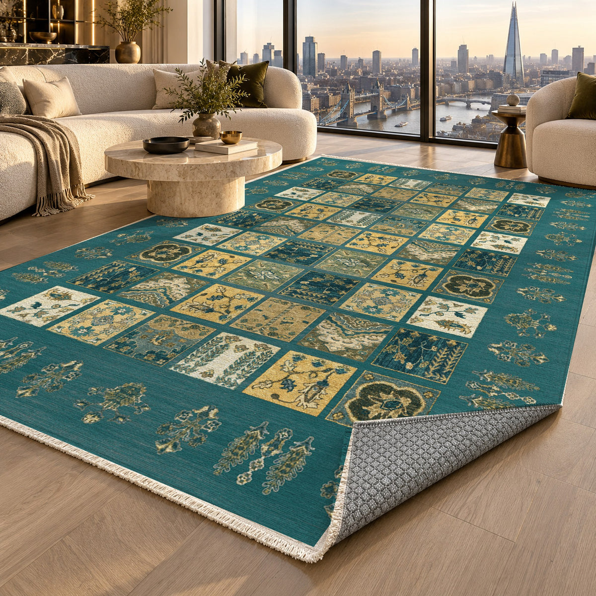 Patchwork Teal Ethnic Washable Rug — london luxury living