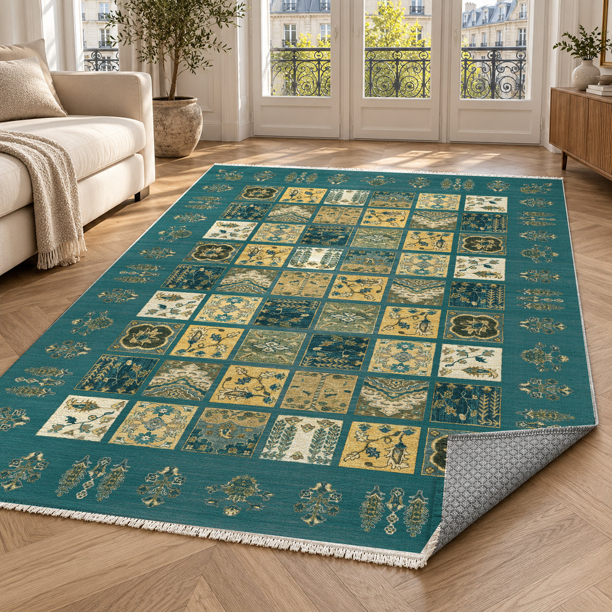 Patchwork Teal Ethnic Washable Rug — paris living