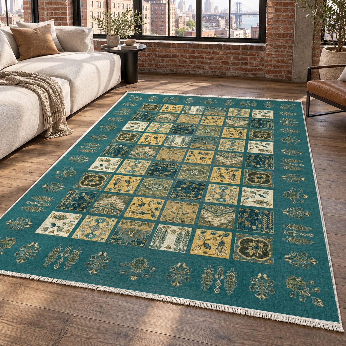 Patchwork Teal Ethnic Washable Rug — new york living