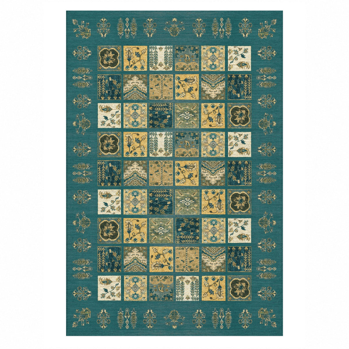 Patchwork Teal Ethnic Washable Rug — top view