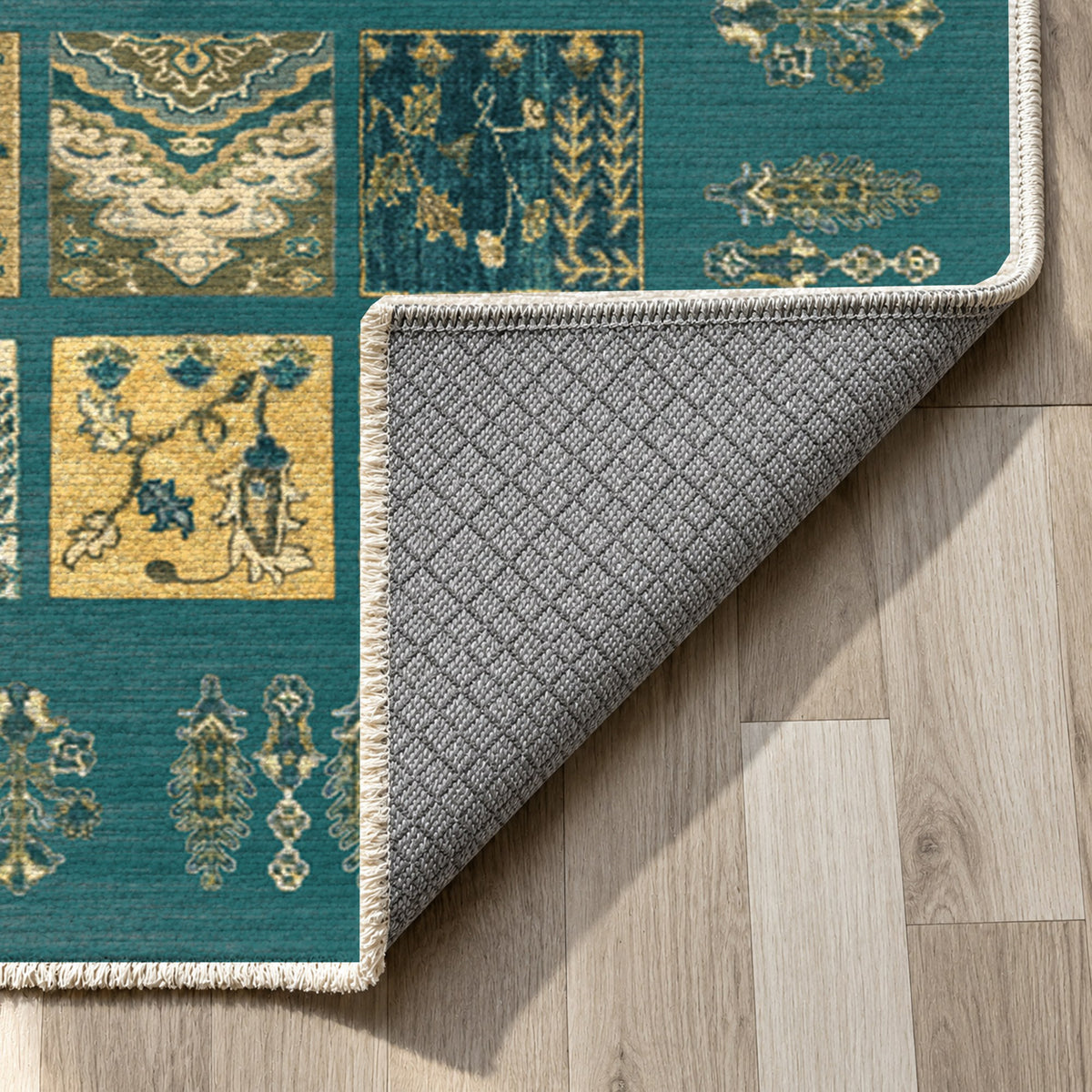 Patchwork Teal Ethnic Washable Rug — backing close up