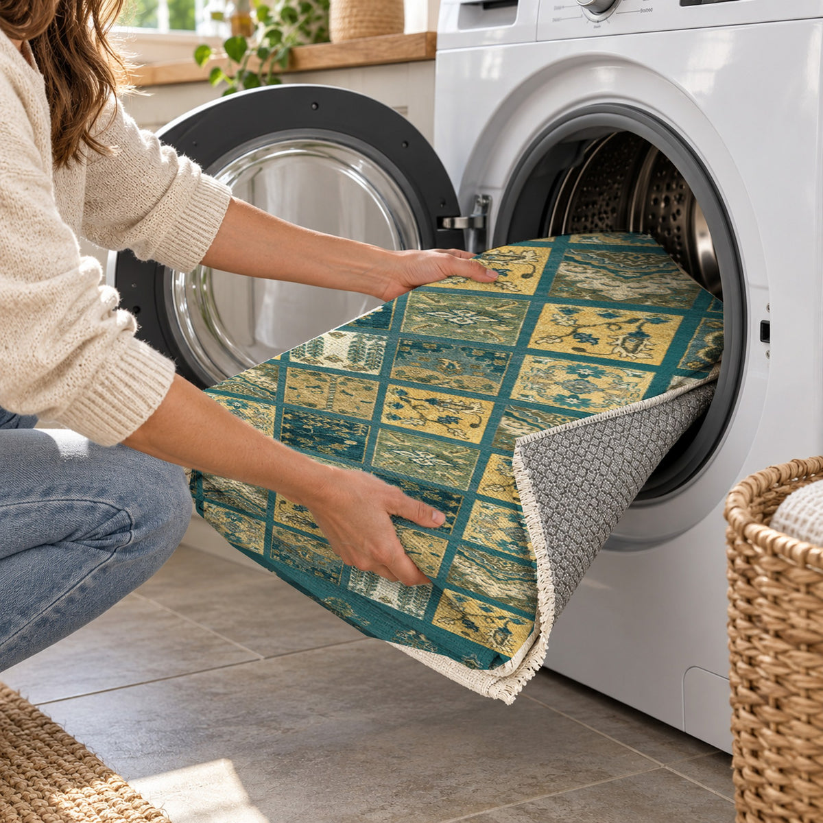 Patchwork Teal Ethnic Washable Rug — washing machine