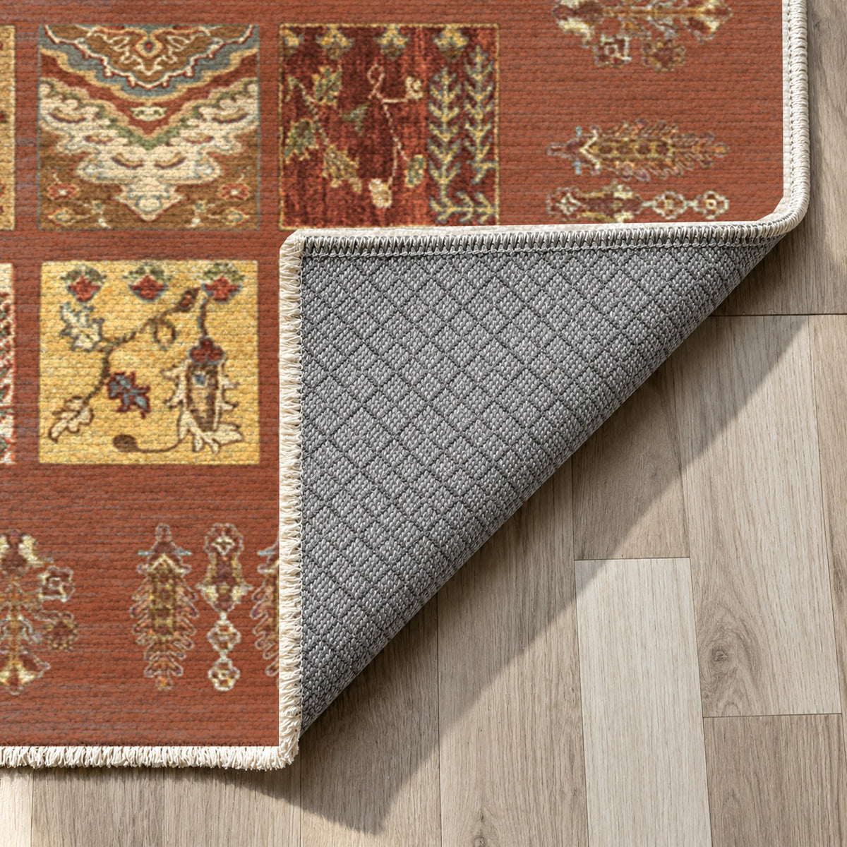 Patchwork Terracotta Ethnic Washable Rug — backing close up
