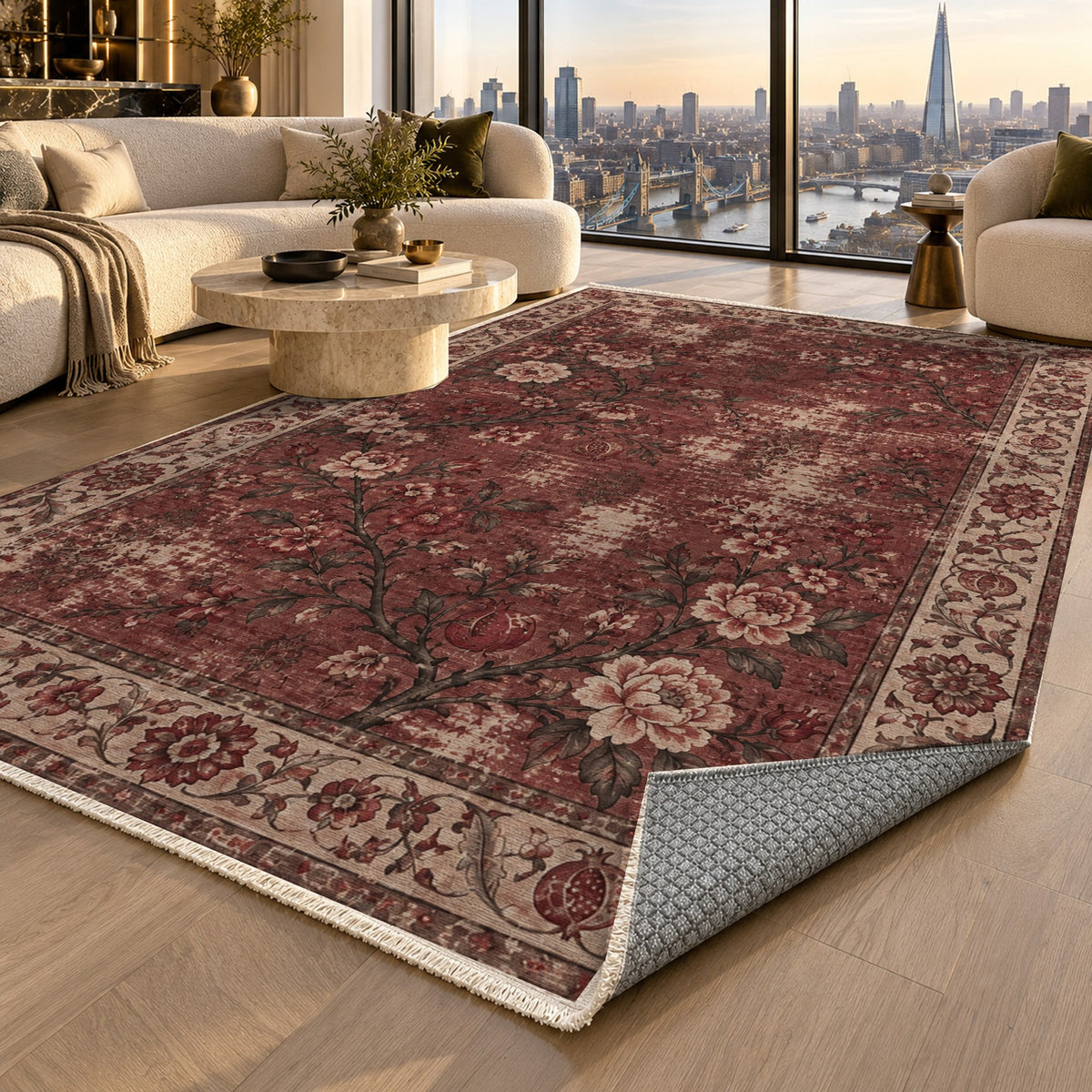 Patina Garden Burgundy Red Vintage Washable Rug — london luxury living