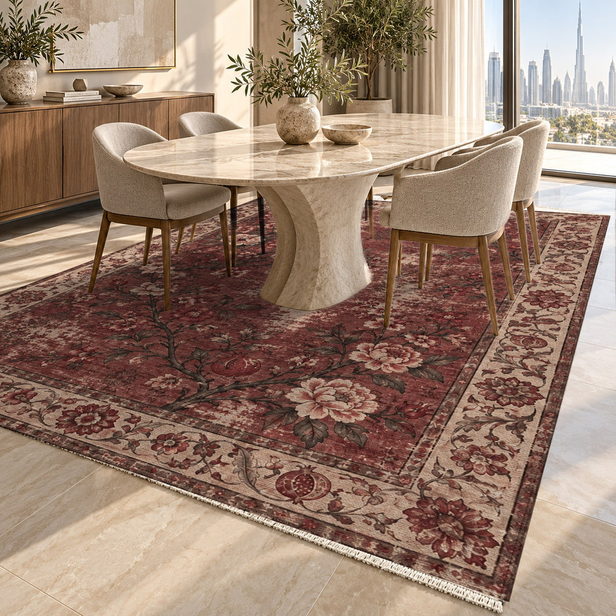 Patina Garden Burgundy Red Vintage Washable Rug — dubai dining