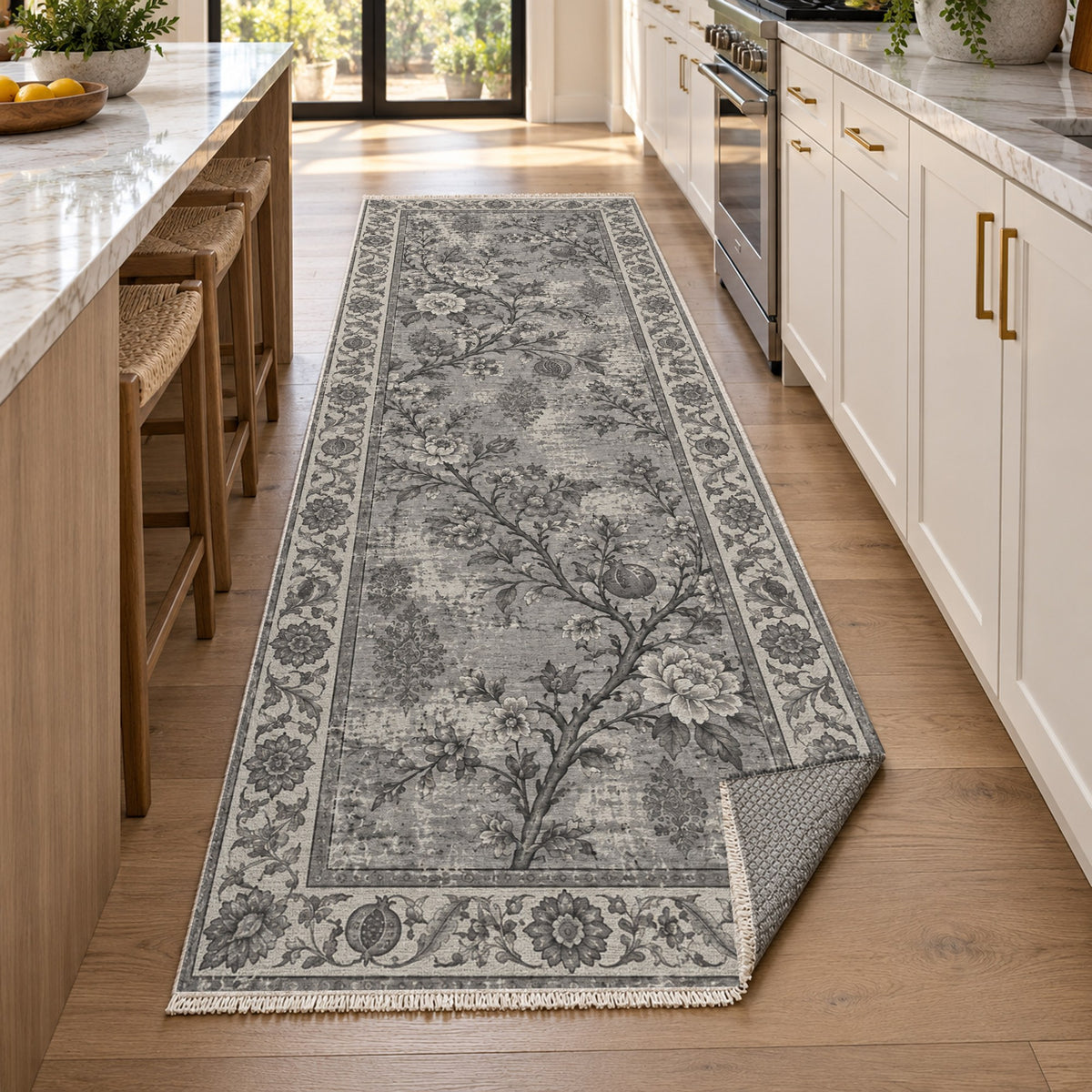 Patina Garden Charcoal Silver Vintage Washable Rug — new york kitchen runner