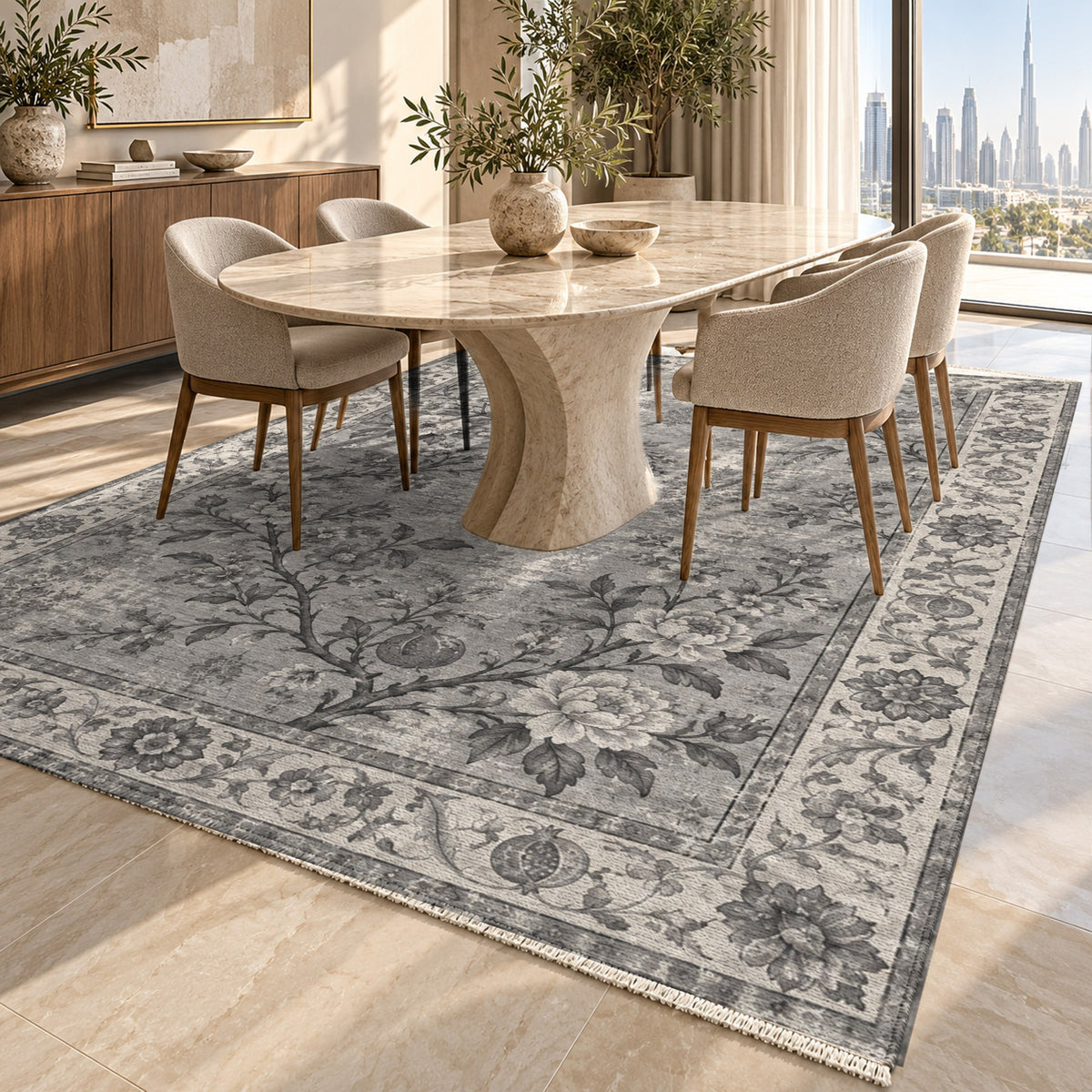 Patina Garden Charcoal Silver Vintage Washable Rug — dubai dining