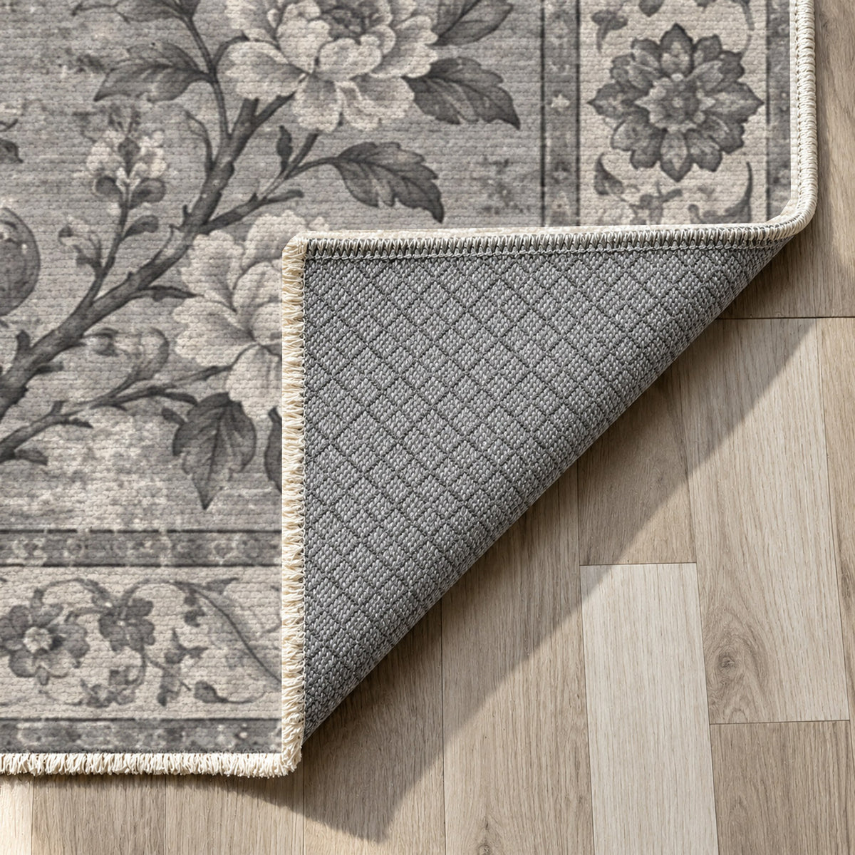 Patina Garden Charcoal Silver Vintage Washable Rug — backing close up